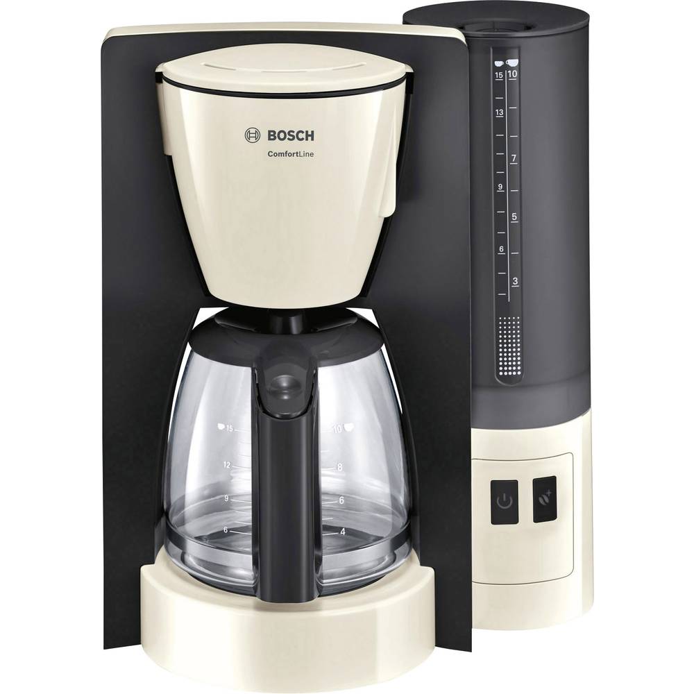 Cafetiera Bosch ComfortLine TKA6A047, 1.200 W, Vas sticla 1.25 l, 10 cesti, Aroma+, EasyDescale3, functie auto shut-off programabila, cream/antracit