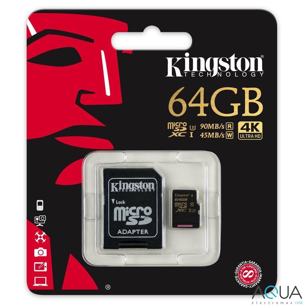 Card de Memorie MicroSDXC Kingston, 64GB, U3 UHS-I, 90/45 MB/s, adaptor SD