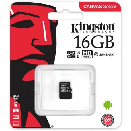 Card de Memorie MicroSDHC Kingston Canvas Select 80R, 16GB, Clasa 10 UHS-I, 80/10 MB/s