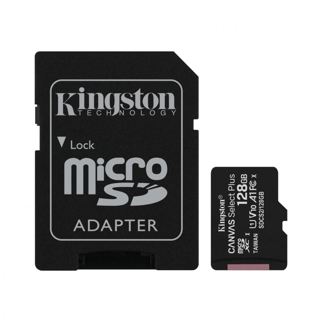 Card de MicroSD Kingston, 128GB, Select Plus, Clasa 10 UHS-I Performance, R: 100 MB/s, include adaptor SD (pentru telefon)