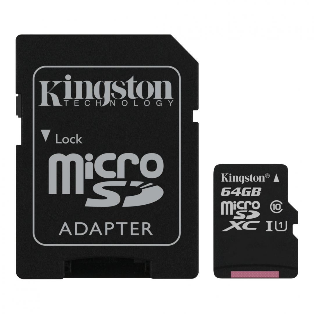 Card de Memorie MicroSD Kingston, 64GB, 100 MB/s, adaptor SD