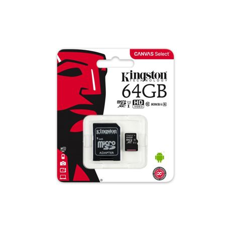 Card de Memorie MicroSDXC Kingston Canvas Select 80R, 64GB, Clasa 10 UHS-I, 80/10 MB/s, adaptor SD