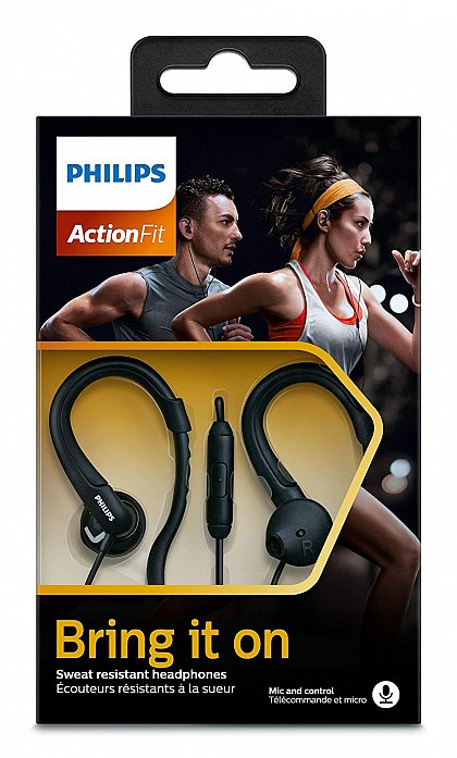 Casti sport Philips SHQ1255TBK/00, IPX2, microfon, cablu 1m, Negru