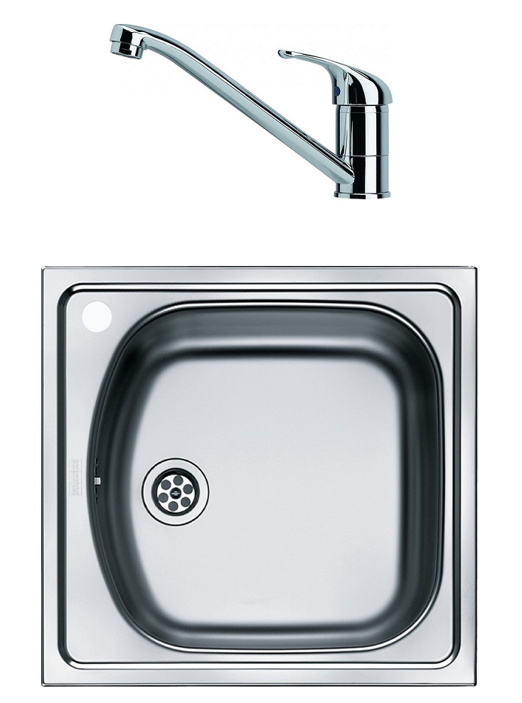 Pachet Franke 101.0636.525, Chiuveta ETN 610-36, 45.5.x43.5 cm, 1 cuva - orificiu baterie stanga, Inox satinat + Baterie Basic Crom