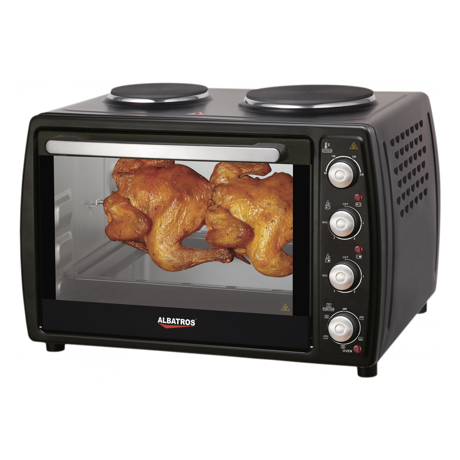 Cuptor electric Albatros A45BPR2, 3500 W, 45 L, 2 zone de gatit electrice, Rotisor, 4 functii, Semnal sonor, Negru
