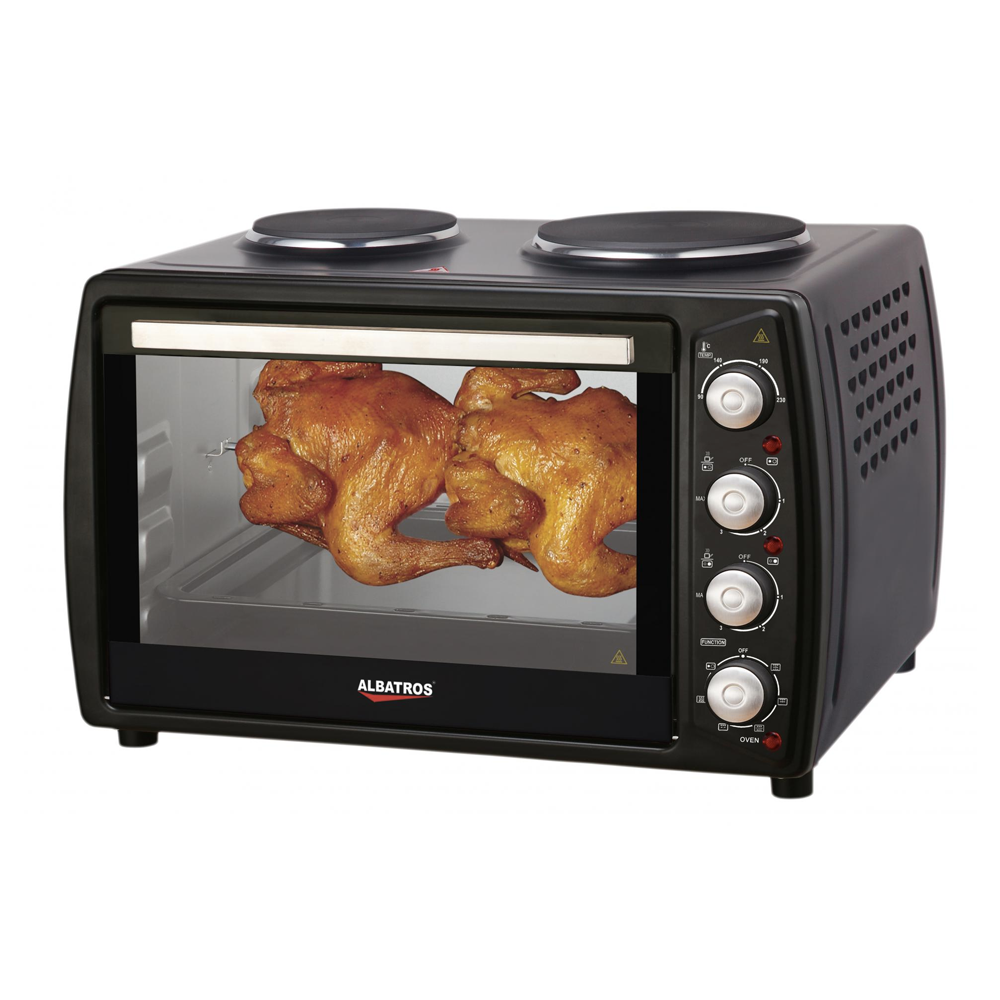 Cuptor electric Albatros A63BPRC2, 3200 W, 63 L, 2 zone de gatit electrice, Rotisor, Convectie, 7 functii, Negru
