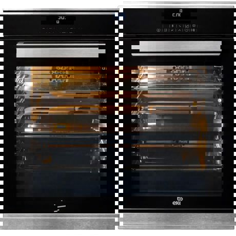 Cuptor incorporabil Beko BVR35500XMS, Multifunctional, Split&Cook, tehnologie SURF, 13 functii, Afisaj LCD-Touch Control, 3D cooking, 2 rafturi telescopice, autocuratare catalitica, 80l, inox + sticla neagra