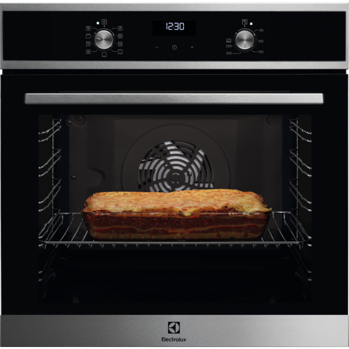 Cuptor incorporabil multifunctional Electrolux EOF5C70X, Electric, 72 L, 8 functii de gatire, SurroundCook, Autocuratare catalitica, Panel frontal cu insertie de sticla, Timer cu display electronic, Grill, Butoane retractabile, Convectie, Inox