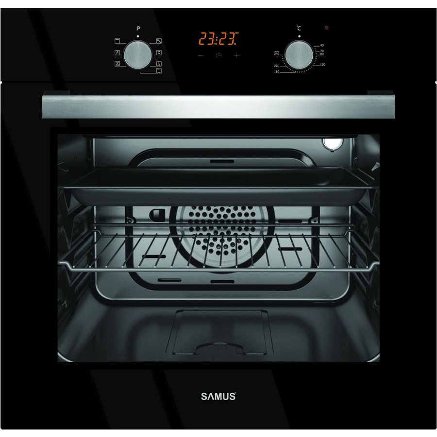 Cuptor incorporabil Samus SC619EGV, Electric, 62 L, 7 functii, Grill, Timer, Ventilaţie tangenţială de răcire, Iluminare interioară, Display LCD, Blocare copii, Negru