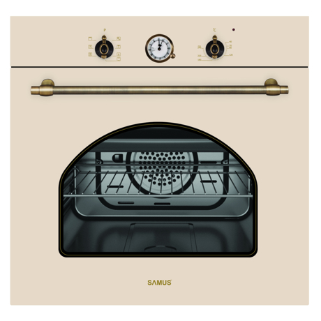 Cuptor incorporabil Samus SC620VTV, Electric, 58 L, 6 functii, Grill, Timer, Ventilaţie tangenţială de răcire, Iluminare interioară, Design rustic, Vintage beige