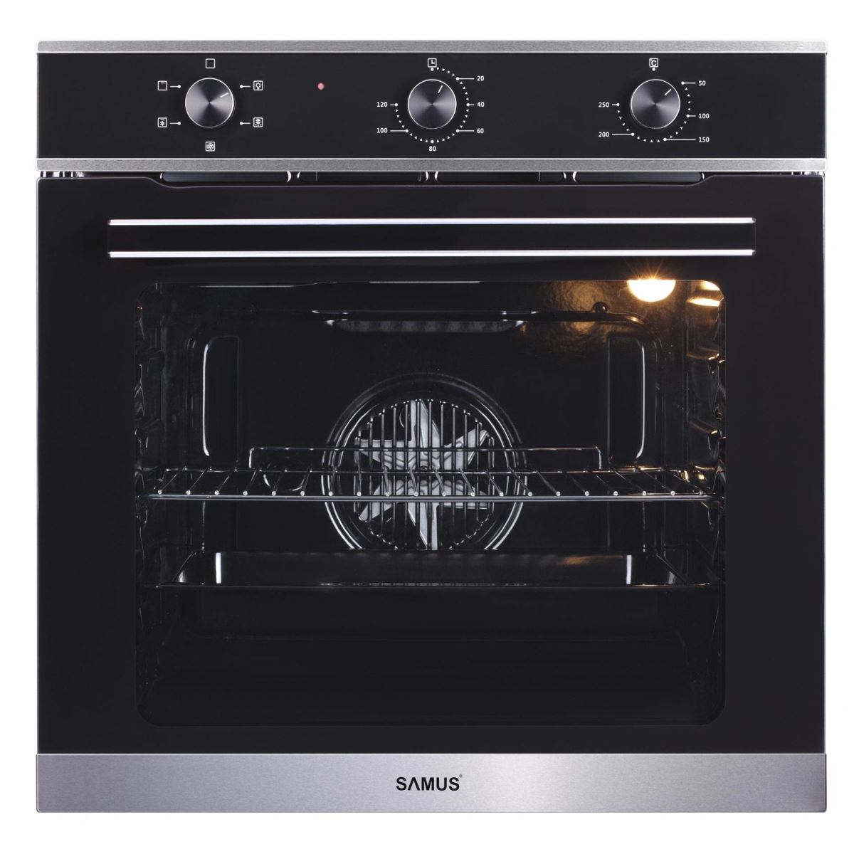 Cuptor incorporabil Samus SC623GX5, Electric, 75 L, 5 functii, Semi grill, Ghidaje interioare, Clasă energetică A, Indicator de gătire, Geam triplu Low-E, Iluminare interioară, Negru