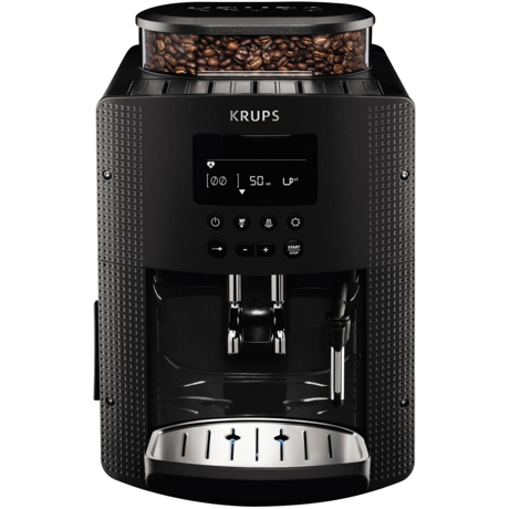 Espressor automat Krups Essential EA815B70, 1450 W, 15 bari, Râşniţă de cafea metalică, 1.7 L, Display LCD, Duză de abur, Gri