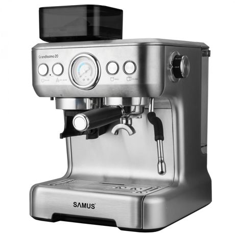 Espressor Samus GRANDISSIMO 20, 1620 W, 20 bar, 2.7 L, Rasnită integrata, Recipient lapte 0.35 l, 2 filtre inox, Argintiu