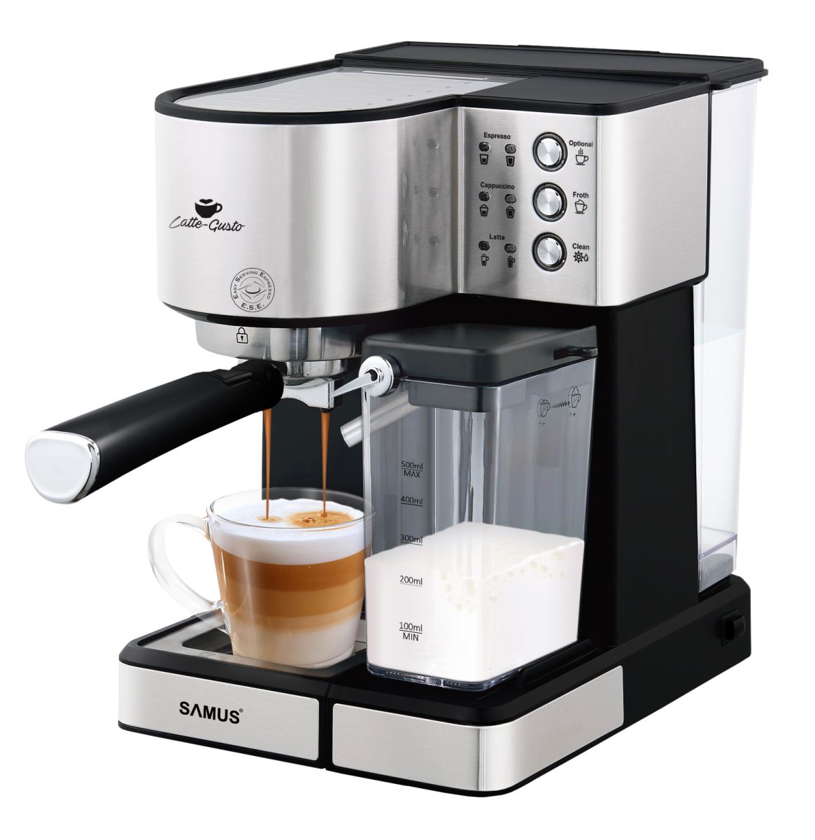 Espressor semi-automat Samus Latte Gusto, 20 bari, 1.8 L, Rezervor lapte 0.5 L, Functie Capuccino, Functie Latte, Functie de curatare, Duza abur pentru cappuccino, Compatibil PAD-uri ESE, Gri/Inox