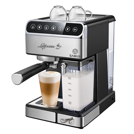 Espressor semi-automat Samus Lattissimo, 20 bari, 1.8 L, Rezervor lapte 0.5 L, Functie Capuccino, Functie Latte, Functie de curatare, Dispozitiv spumare, Cafea macinata/PAD-uri ESE, Negru/Inox