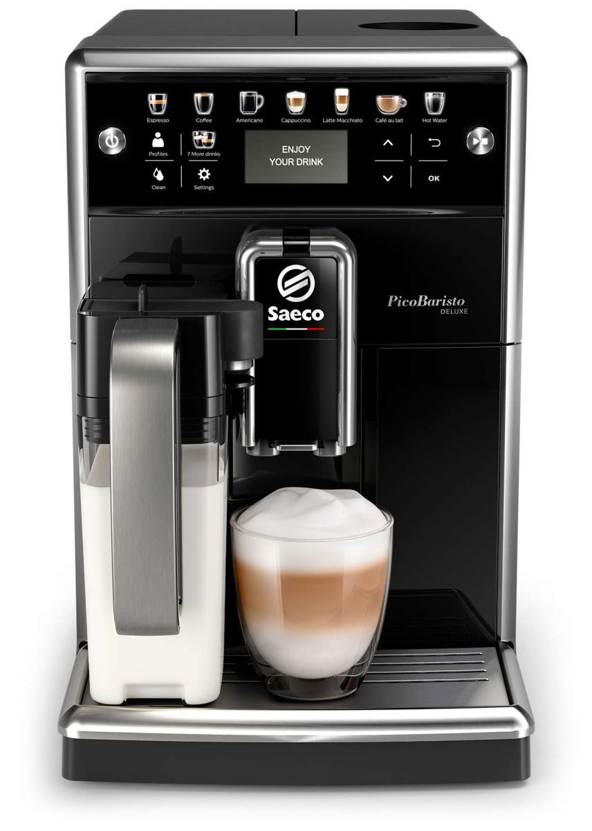 Espressor automat Philips Saeco PicoBaristo Deluxe SM5570/10,15 bari, Latte Perfetto, 12 setări măcinare, 5 setări intensitate,13 băuturi, Filtru AquaClean, Recipient lapte 0.5 L, Rezervor apa 1.7 L, Opţiune cafea măcinată, Display LCD, Negru lucios