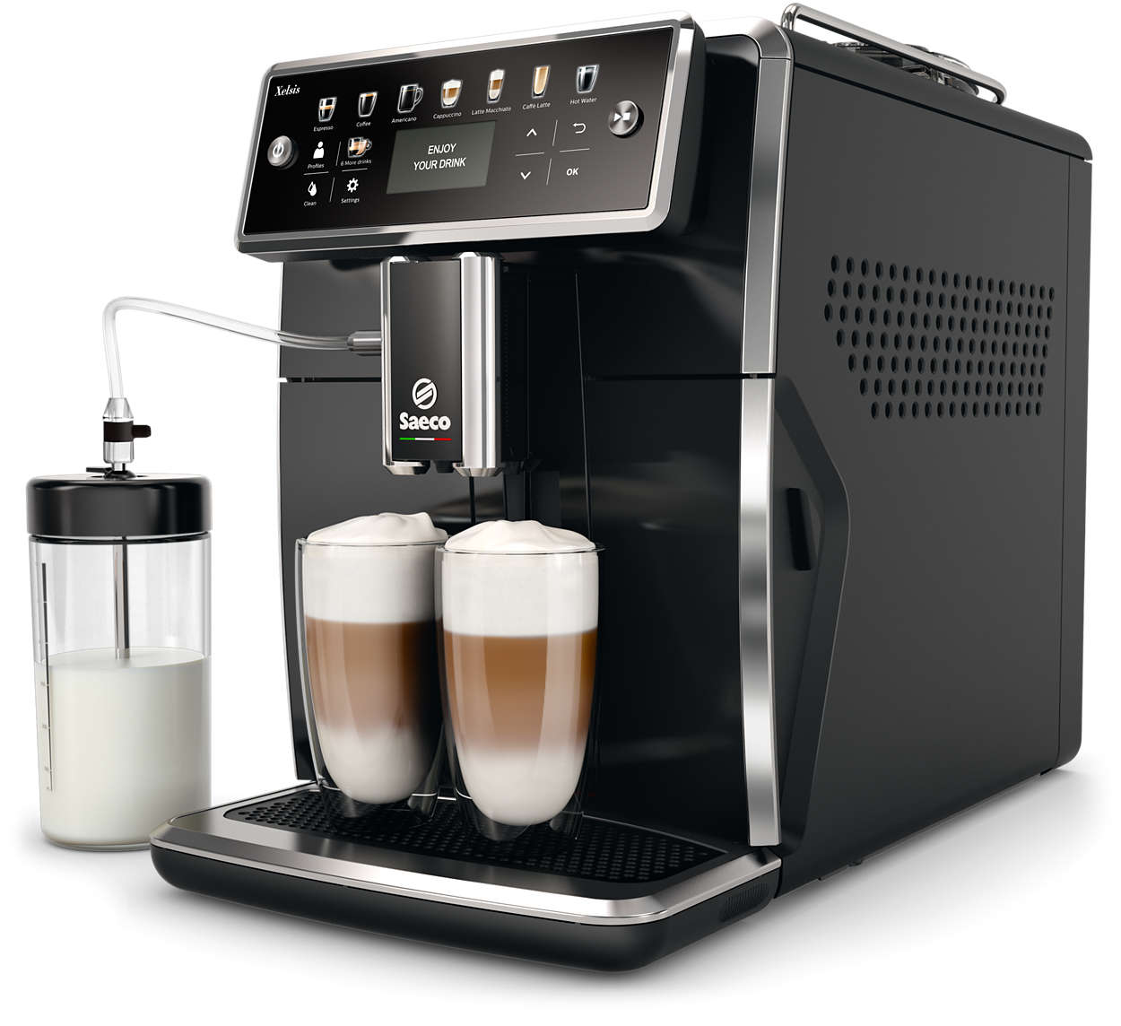 Espressor automat Philips Saeco Xelsis SM7580/00, 15 bari, Latte Perfetto, 12 setări măcinare, 5 setări intensitate,12 băuturi, Filtru AquaClean, 2 ceşti, Recipient lapte 0.6 L, Rezervor apa 1.7 L, Opţiune cafea măcinată, Negru lucios