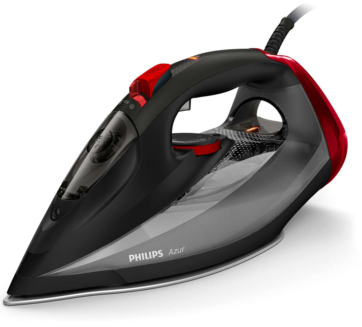 Fier de călcat Philips Azur GC4567/80, 2600 W, Jet abur 250 g/min., Debit abur 50 g/min., Talpă SteamGlide Advanced, Anti-picurare, Sistem decalcifiere rapidă, Gri/Rosu