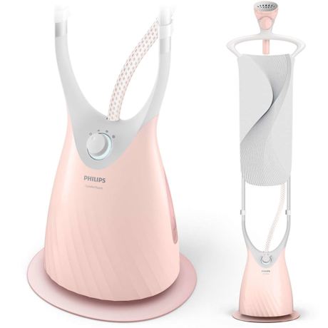 Aparat de călcat vertical cu aburi Philips ComfortTouch GC552/40, 1800 W, Până la 35 g/min, 3 setări abur, Rezervor de apă detaşabil 1.8 L, placă StyleBoard, Perie haine groase, Roz pal