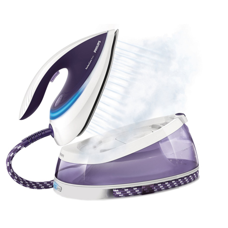 Statie de calcat Philips PerfectCare Pure GC7635/30, T-ionicGlide, 2400 W, 1.5 l, 5 bar, Alb/Mov