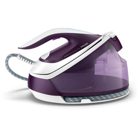 Staţie de călcat cu abur Philips PerfectCare Compact Plus GC7933/30, 2400 W, 6.5 bari, 1.5 L, Smart Calc Clean, Blocare la transport, OptimalTEMP, Debit abur 120 g/min., Jet abur 450 g/min., Oprire automată, Talpă SteamGlide Plus, Violet