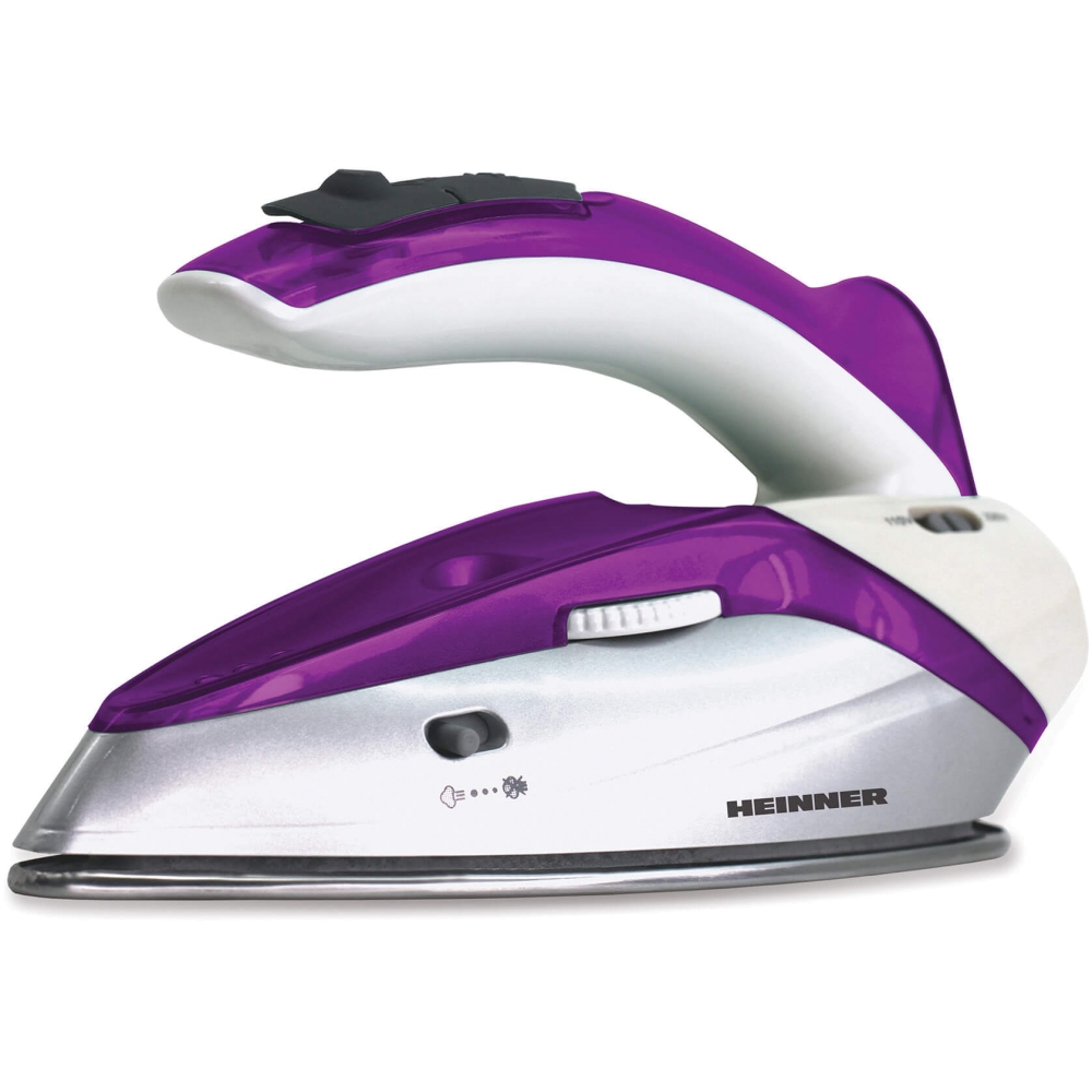 Fier de calcat pentru voiaj Heinner HTI-1000PP, 1000 W, 40 ml, Talpa Inox, Maner Pliabil, Alb/Violet