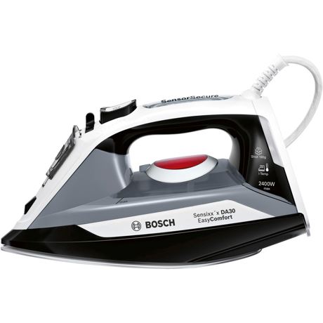 Fier de calcat Bosch Sensixx'x DA30 EasyComfort TDA30EASY, 2400W, Talpa Ceranium Glissée Multidirecționala, I-Temp, 320 ml, sistem 3AntiCalc, 40g/min, super-jet abur 180 g/min, Mâner soft-touch, Culoare: negru / gri / alb