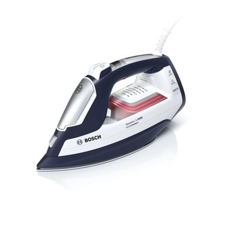 Fier de calcat Bosch TDI953022V, 3000 W, 0.31 L, Jet abur 200 g, Debit abur 60 g/min., AutoSteam, Talpă CeraniumGlissée, i-Temp Advanced, Display TempOK, 4AntiCalc, Albastru/Alb