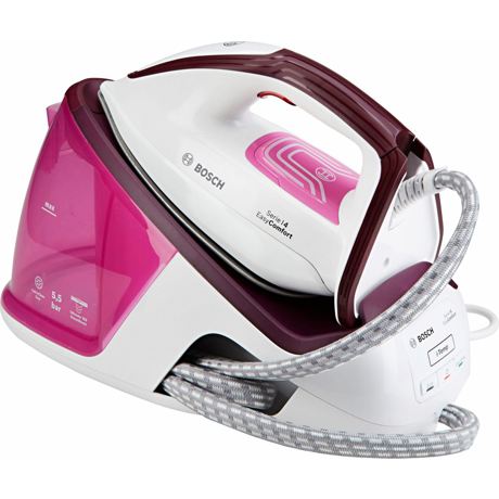 Statie de calcat Bosch EasyComfort TDS4020, 2400 W, Ceranium Glissée, 5,5 bar, i-Temp, 120 g/ min, super-jet abur 250 g/min, 1,4 l, Calc'nClean Easy, Calc'nClean Timer, culori: alb / light pink / deep berry