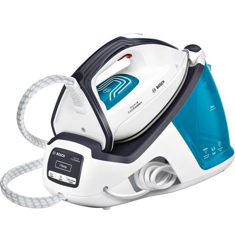 Statie de calcat Bosch EasyComfort TDS4050, 2400 W, Ceranium Glissée, 5,5 bar, i-Temp, 120 g/ min, super-jet abur 290 g/min, 1,4 l, Calc'nClean Easy, Calc'nClean Timer, culori: alb / ice blue / night blue