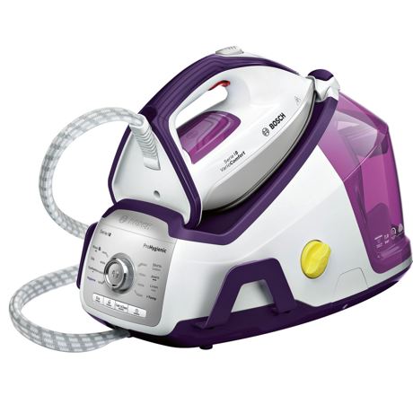 Statie de calcat Bosch ProHygienic TDS8040, 2400 W, Ceranium Glissée Pro, 7 bar, HygienicSteam, i-Temp, 120 g/ min, 3 jeturi de abur max 500 g, 1,8 lt, Calc'c clean Perfect (timer si sistem colector), culori: alb / /mov / argintiu