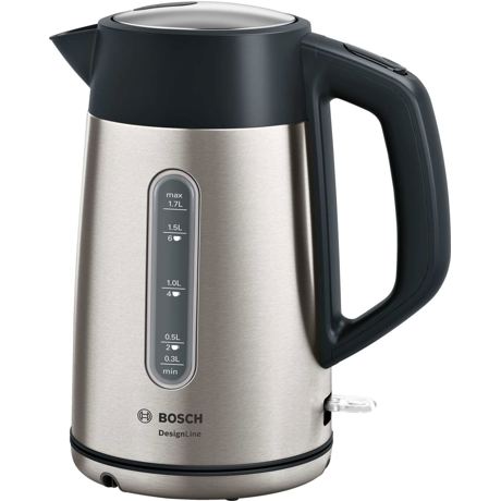 Fierbător de apă Bosch TWK4P440, 2400 W, 1.7 L, Cană termoizolanta, Filtru anti-calcar detasabil, Baza rotativa 360 grade, Oprire automata, Inox