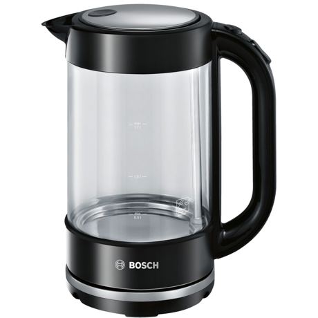 Fierbător de apă Bosch TWK70B03, 1.7 L, 2400 W, Indicator nivel apa, Bază 360 grade, Filtru anticalcar inox, Sistem de triplă siguranţă, Negru/Inox