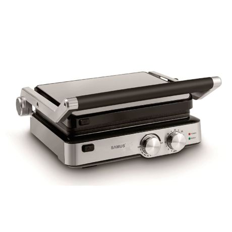 Grill electric Samus GTS2020X, 2000 W, Plăci antiaderente, Reglaj al temperaturii, Mâner termorezistent cromat, Carcasă termoizolantă, Negru/inox