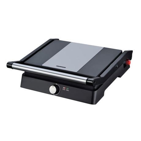 Grill electric Heinner HEPG-F2000BKSS, 2000W, Placi fixe anti-adezive, Deschidere 180º, Maner rece, Negru/inox