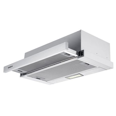 Hota incorporabila telescopica Vivax CHO-60PT070A X, 361 m³/h (maxim, prin extragere), Control mecanic, Filtru aluminiu, 60 cm, Argintiu