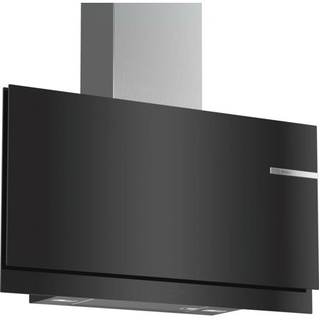 Hota Bosch DWF97KM60, Decorativa perete, 739 m³/h (Intensiv), TouchControl, 3 viteze + Intensiv, Oprire automată, RimVentilation (absorbtie periferica), 2 motoare, Filtru metalic, 90 cm, Sticla neagra