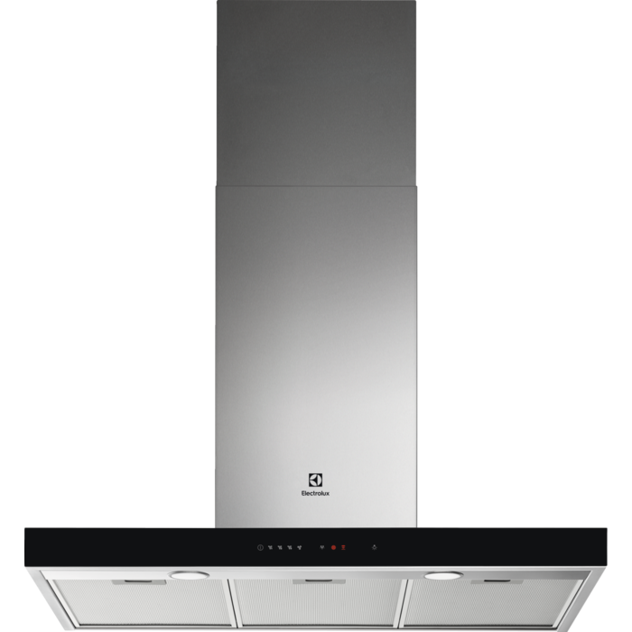 Hota semineu dreapta Electrolux LFT769X, 700 mc/h (intensiv), Front de sticla, 1 motor, 3 viteze+intensiv, Control electronic, Filtre de aluminiu lavabile, Conectivitate plita, Filtru de carbon inclus, Latime 90 cm, Inox