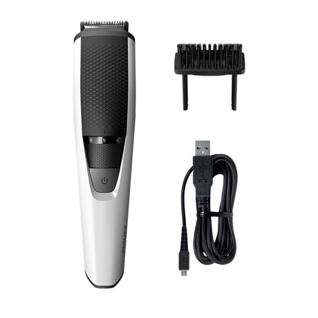 Aparat de tuns barba Philips BT3202/14, Lame inox, Fără fir, NiMH, Autonomie 30 minute, 10 setări lungime, Mâner ergonomic, Negru/Alb