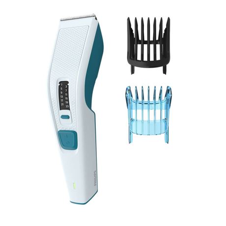 Masina de tuns Philips HC3588/15, Tehnologie Trim-n-Flow, 13 lungimi, Fara fir, Autonomie 75 minute, Lame inox, 2 piepteni (1 pentru copii), Alb/Bleu