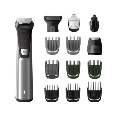 Kit de ingrijire Face, Head & Body 14 in 1 Philips Multigroom MG7745/15, Fara fir, Litiu-ion, Autonomie 180 min., Rezistent la apa, Indicatori LED, Negru/Argintiu