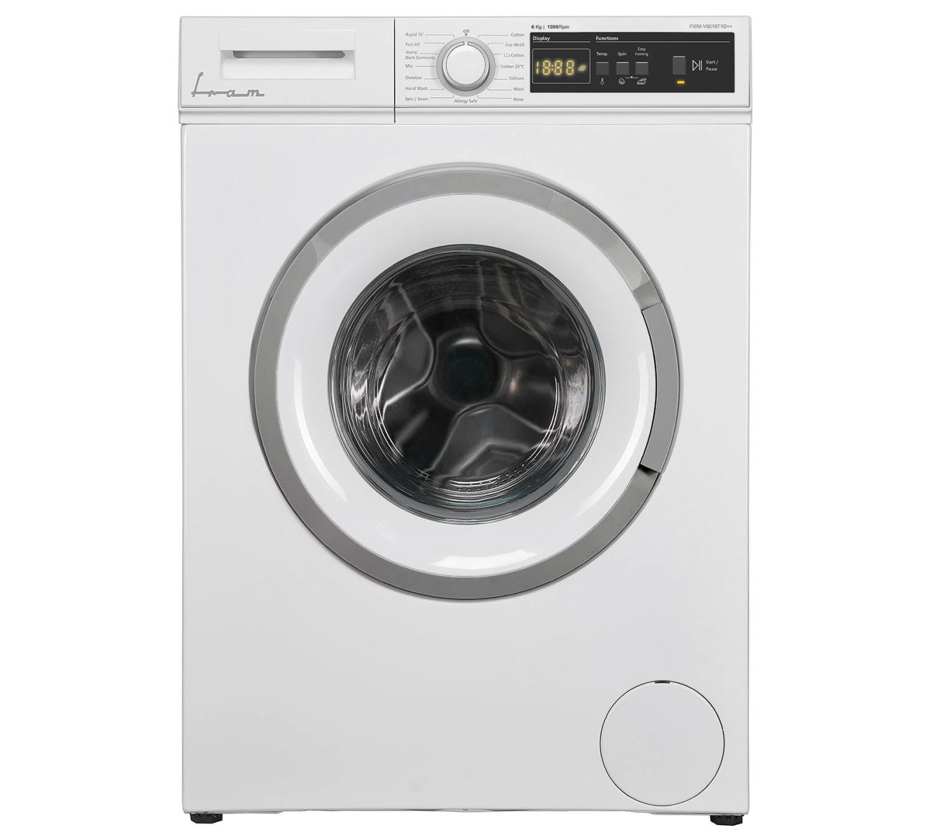 Masina de spalat rufe Fram FWM-V6010T1D++, 6KG, 1000RPM, Display, 15 programe, Anti-sifonare, Sistem Eco Logic, Blocare acces copii, 60 cm, Alb