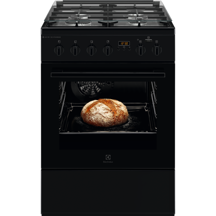 Aragaz mixt Electrolux SteamBake AirFry LKK660200K, 4 arzatoare gaz, Grill, Cuptor electric 58 L, 60x60 cm, Negru