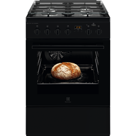 Aragaz mixt Electrolux SteamBake AirFry LKK660200K, 4 arzatoare gaz, Grill, Cuptor electric 58 L, 60x60 cm, Negru