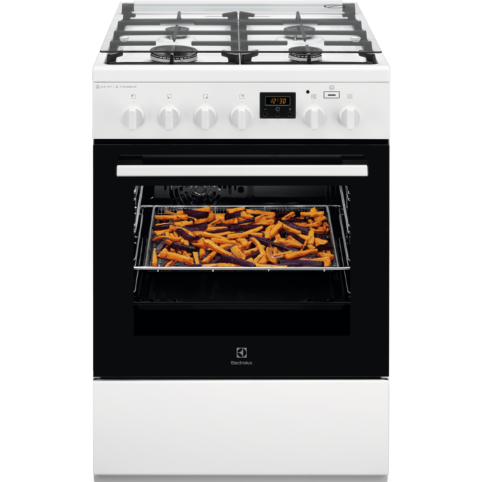 Aragaz mixt Electrolux SteamBake AirFry LKK660200W, 4 arzatoare gaz, Grill, Cuptor electric 58 L, 60x60 cm, Alb