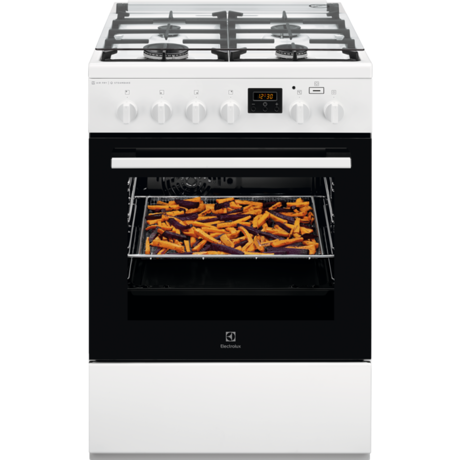 Aragaz mixt Electrolux SteamBake AirFry LKK660200W, 4 arzatoare gaz, Grill, Cuptor electric 58 L, 60x60 cm, Alb
