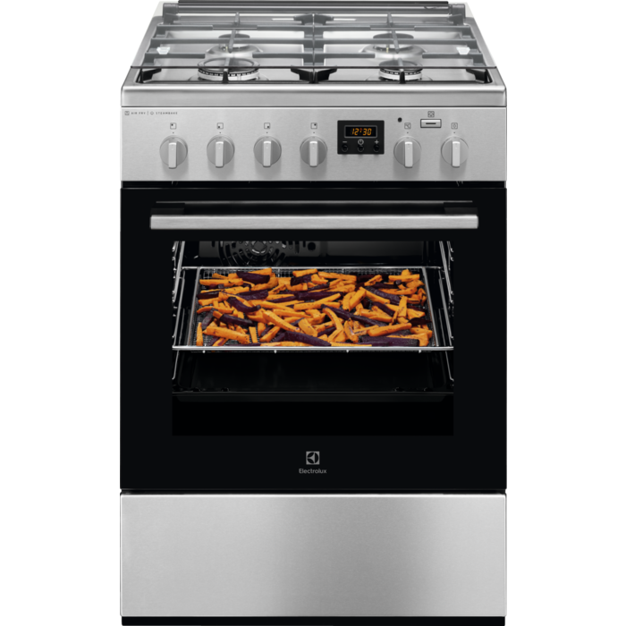 Aragaz mixt Electrolux SteamBake AirFry LKK660200X, 4 arzatoare gaz, Grill, Cuptor electric 58 L, 60x60 cm, Inox antiamprentă