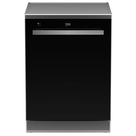 Masina de spalat vase Beko DEN28420GB, 14 seturi, motor ProSmart, afisaj LCD, 8 programe, 60 cm, Usa sticla neagra, Argintiu