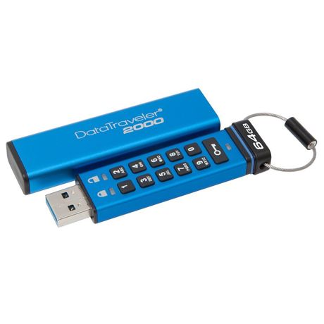 Memorie USB Flash Drive Kingston, 64GB, DT2000, USB 3.0, Keypad, Albastru