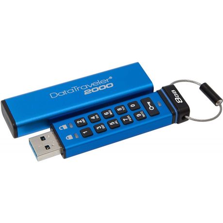 Memorie USB Flash Drive Kingston, 8GB, DT2000, USB 3.0, Keypad, Albastru
